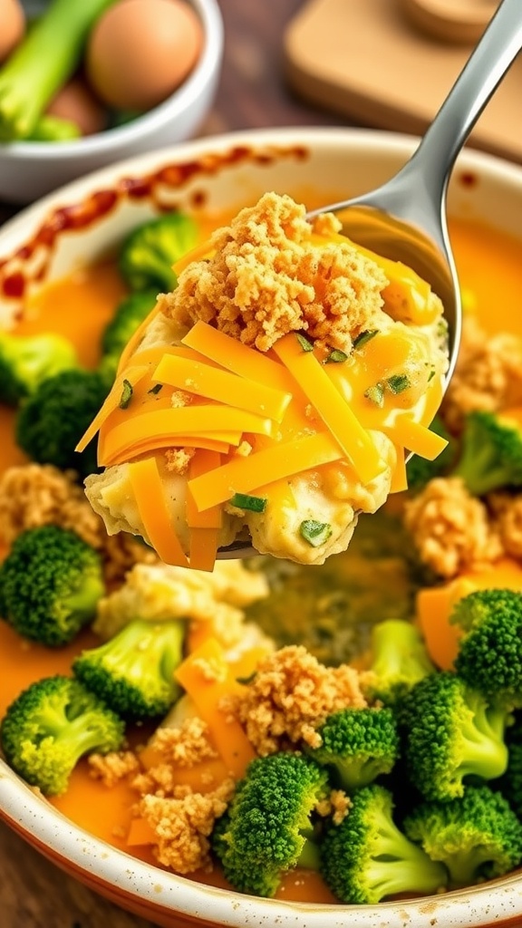 A cheesy chicken and broccoli casserole with crispy topping in a rustic dish, ready to serve.